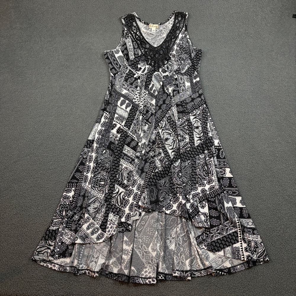 World Unity Dress Womens Medium Black White Paisley Patchwork Crochet High Low